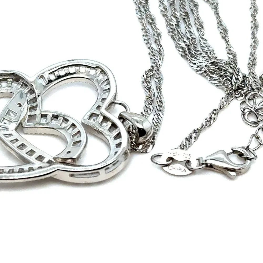 Silver 925 Double Heart Baguette Cz Necklace